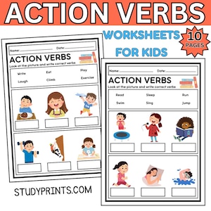 Puede incluir: Dos hojas de trabajo tituladas "ACTION VERBS" para niños, con ilustraciones de niños realizando acciones. Las hojas de trabajo incluyen ejercicios para completar para identificar verbos. El texto "STUDYPRINTS.COM" está en la parte inferior.