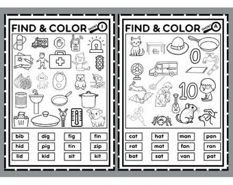 May include: Black and white worksheet for kindergarten students to find and color pictures that match short vowel CVC words. The worksheet includes two sections, one for short 'i' words and one for short 'a' words. The words are listed below the pictures.