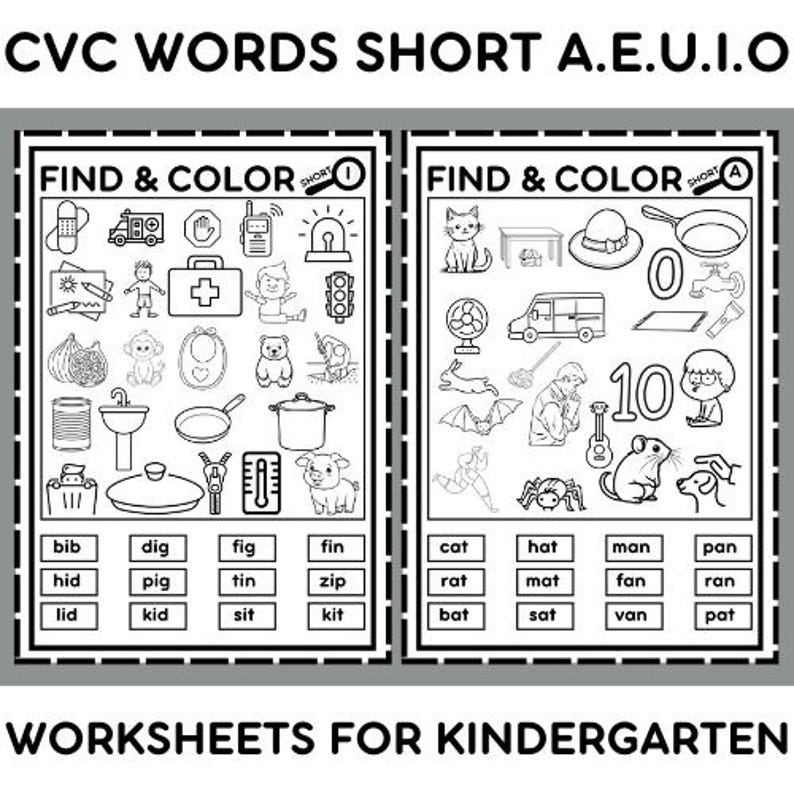 May include: Black and white worksheet for kindergarten students to find and color pictures that match short vowel CVC words. The worksheet includes two sections, one for short 'i' words and one for short 'a' words. The words are listed below the pictures.