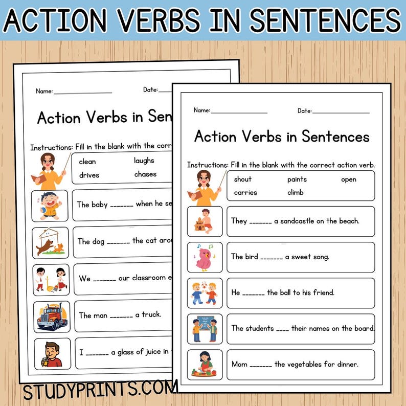 Action Verbs Worksheets | Fill in the Blank | Printable Grammar ...