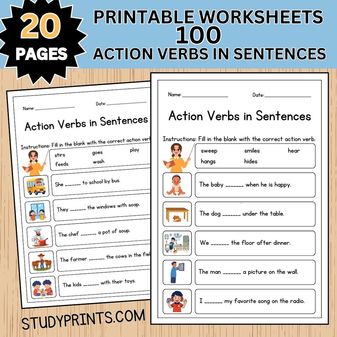 Action Verbs Worksheets | Fill in the Blank | Printable Grammar ...