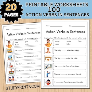 Może przedstawiać: Drukowane arkusze ćwiczeń z tekstem "Action Verbs in Sentences". Arkusze ćwiczeń zawierają ćwiczenia z lukami z ilustracjami. Obraz zawiera również tekst "20 PAGES" i "100". Widoczna jest również strona internetowa "STUDYPRINTS.COM".