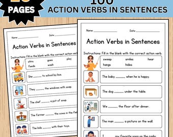 Action Verbs Worksheets | Fill in the Blank | Printable Grammar Activity for Kids | ESL Practice