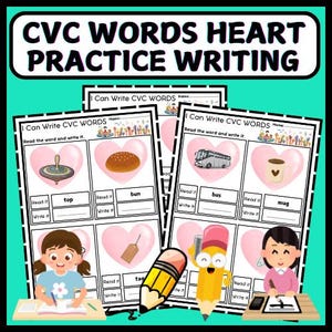 May include: Three printable worksheets for children to practise writing CVC words. Each worksheet features a heart shape with a picture of an object and the word written below. The words are "top", "bun", "bus", "mug", "tag", and "hat".