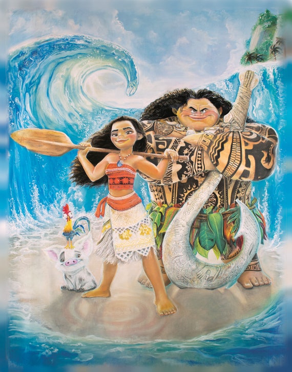 Moana Art Print Disney Movie Room Decor Auli'i Cravalho & Dwayne Johnson  Musical Princess Wall Poster Chalk Art Geek Gift 