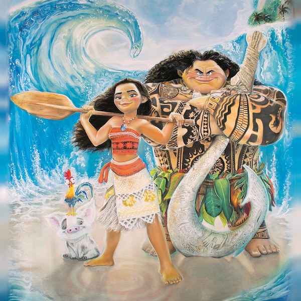 Moana Art Print - Disney Movie Room Decor - Auli'i Cravalho & Dwayne Johnson Musical Princess Wall Poster - Chalk Art Geek Gift