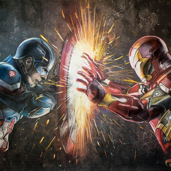 Captain America Vs. Iron Man Art Print - Marvel Comics Civil War Wall Decor - Steve Rogers Tony Stark Superhero Poster - Avengers Geek Gift