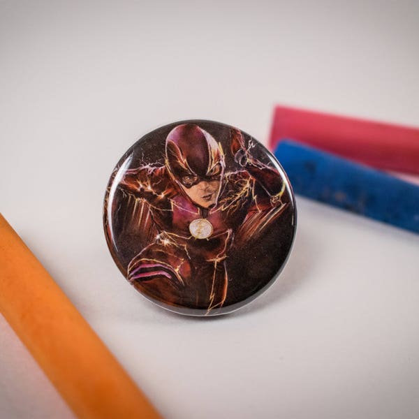The Flash Art Print Button - Grant Gustin Barry Allen Refrigerator Magnet - DC Comics Superhero Backpack Pin - Chalk Art Geek Gift