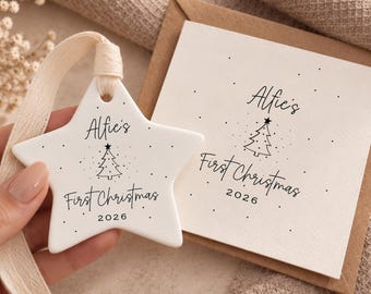 Baby's First Christmas Gift Set - Personalised Ceramic Star Bauble and Card