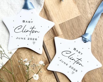 Personalised Baby Name Star Ornament - Ceramic Baby Announcement - Newborn Keepsake - Custom Baby Reveal Gift - Nursery Name Decoration