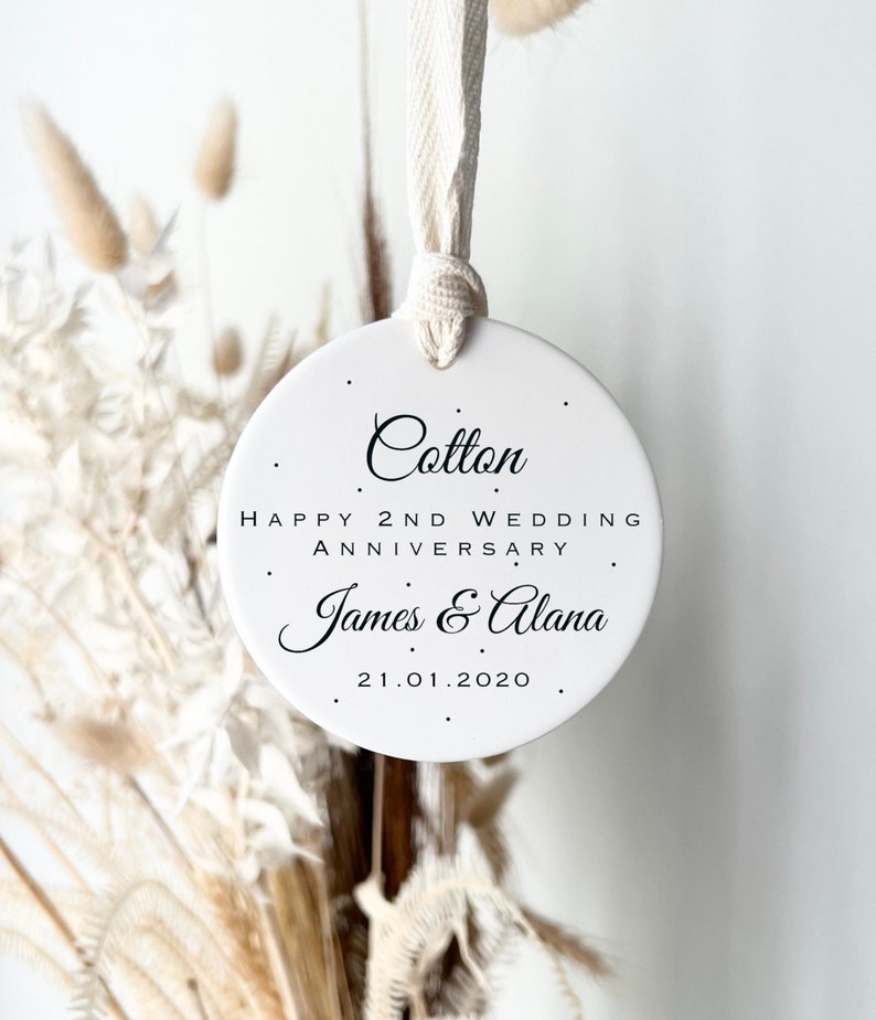 Cotton 2nd wedding anniversary gift Personalised second wedding anniversary ornament Gift for couples Family keepsake image 1