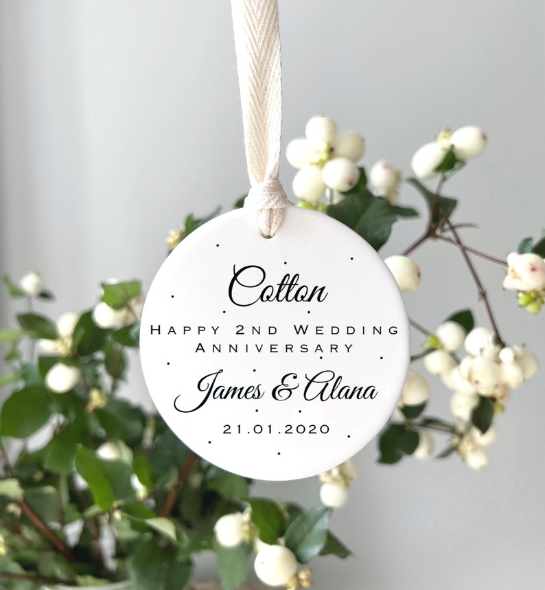 Cotton 2nd wedding anniversary gift Personalised second wedding anniversary ornament Gift for couples Family keepsake image 3