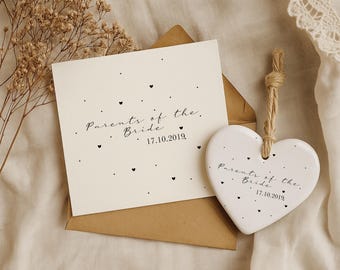 Parents of the Bride or Groom Gift - Personalised Wedding Day Card & Ceramic Heart Keepsake