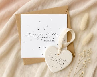Parents of Groom Gift Set - Personalised Wedding Date Card & Ceramic Heart