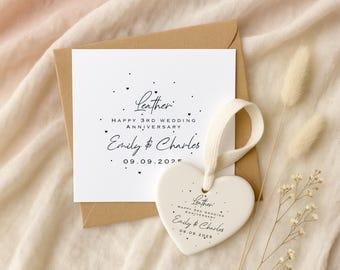 Personalised 3rd Anniversary Gift Set - Leather Card & Ceramic Heart