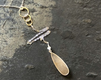 Sterling Silver and Rutilated Quartz Long Teardrop Lariat Y Necklace
