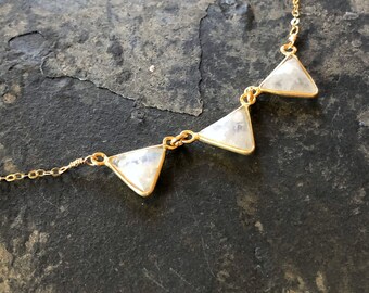 Triple Rainbow Moonstone Triangle and  Gold Vermeil Necklace