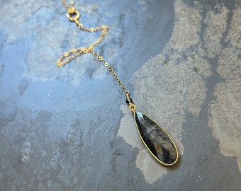 Gold Vermeil and Black Rutilated Quartz Long Teardrop Lariat Y Necklace