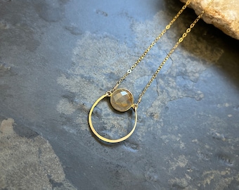 Rutilated Quartz 22K Gold Vermeil and Hammered Wire Necklace