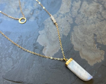 Double Layer Moonstone Spear and Open Circle 18K Gold Vermeil Lariat Necklace