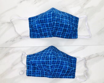 Blue Checkered Cotton Face Mask Double Layered Washable & Reusable Unisex Silicone Ear Adjusters - Made in the USA