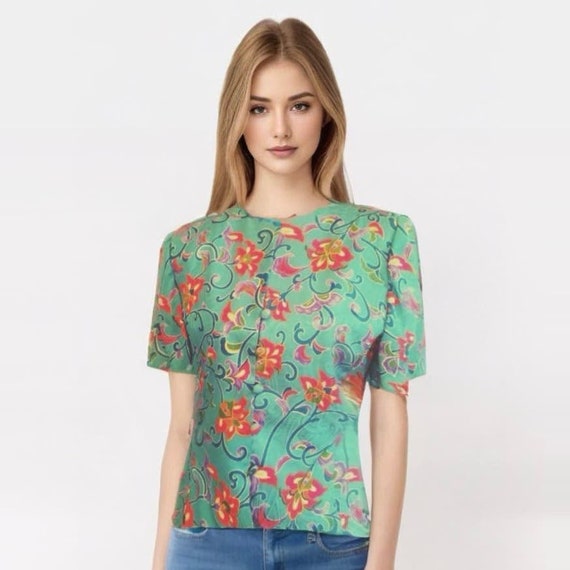 Adrianna Papell Vintage Floral Silk Short Sleeve … - image 1