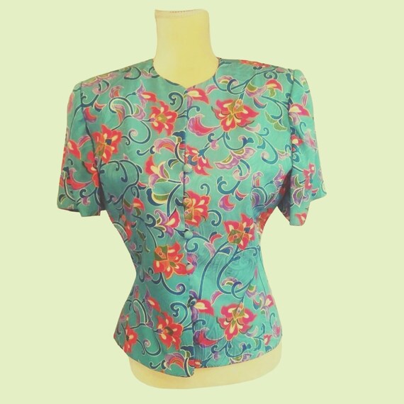 Adrianna Papell Vintage Floral Silk Short Sleeve … - image 2