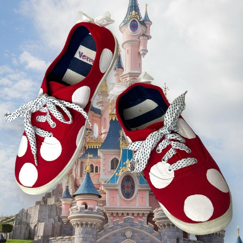 Custom Hand Crafted Minnie Mouse Polka-Dot Sneakers EUC image 1