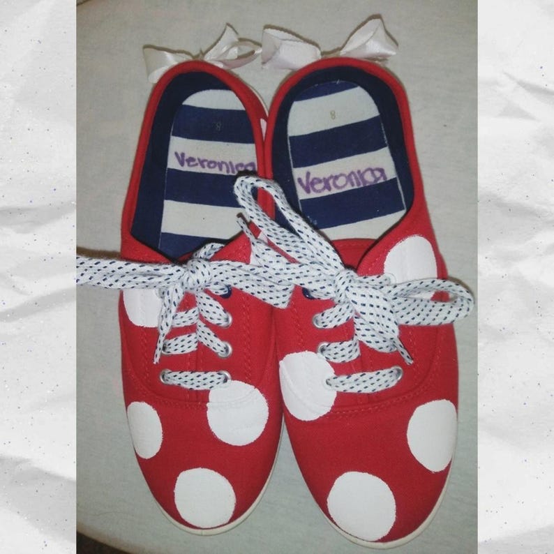 Custom Hand Crafted Minnie Mouse Polka-Dot Sneakers EUC image 9