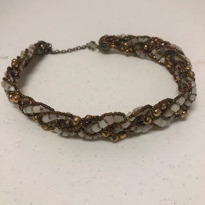 Vintage Swirl Twist Glass Beaded Bronze Gold Tone White Choker Necklace