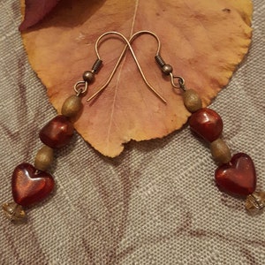 Red Heart Earrings - Red Dangle Earrings - Wood Bead Earrings