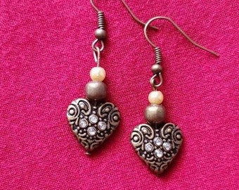 Bronze Heart Earrings - Crystal Heart Earrings - Bronze Dangle Earrings - Pearl Bead