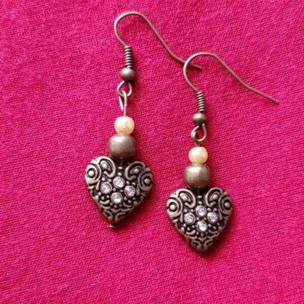 Bronze Heart Earrings - Crystal Heart Earrings - Bronze Dangle Earrings - Pearl Bead