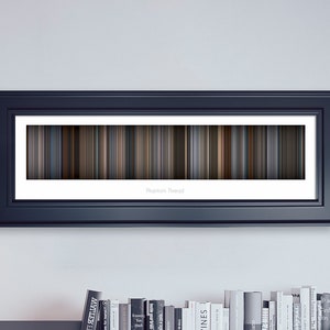 May include: A framed artwork featuring a series of vertical stripes in shades of brown, gray, and blue. The artwork is set within a dark blue rectangular frame and includes the text "Phantom Thread" at the bottom. The artwork is displayed on a white wall.