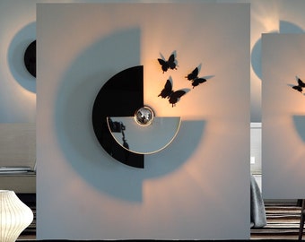 aplique, mariposas, círculo cinetico, 35 cm a 75 cm, negro y espejo, aplique de diseño, iluminación mariposas, iluminación moderna, lámpara