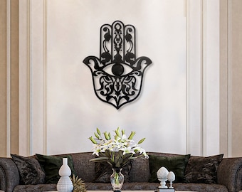 Mano Fátima,50/60/77 cm, ojo de hamsa, brillante vidrio acrílico de plexiglás negro brillante, decoración de pared oriental, decoración oriental, decoración de la mano de fátima