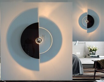 lámpara de pared contemporánea, redondo cinetic, 35 cm a 75 cm, negro y espejo, lámpara de pared nórdica, diseñador de luminarias, geometría de luminaria, lámpara