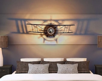avión, iluminación de aeronaves, biplano, negro 70/80/100 cm, 220 voltios, aviación deco, pitts / stampe estilo biplano, lámpara de pared de aviación, decoración del avión