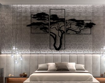 Decoración de pared, 99x163 cm, acacia africana, tríptico, negro brillante, plexiglás, decoración africana, decoración de árboles, decoración africana, África