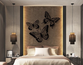 decoración de la pared, 135x145 cm, mariposas trío, negro brillante, plexiglás, decoración animal, decoración de la pared de la mariposa, sala deco, salón deco