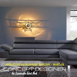 avion biplan,luminaire design 100/80/70 cm 220 volts,effet miroir,avion style stampe,pitts,ombre portée au mur,lighting wall,220 volts image 1