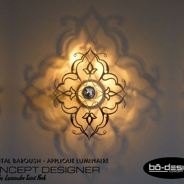 luminaire oriental,BAROUSH,30 ou 35 cm effet miroir,led,220 v,applique murale orientale,concept ombre portée,luminaire designer,baroque