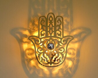 iluminación oriental, mano de fátima, espejo plateado 30/35/40 cm, led, 220 v, aplique de diseño, sombra proyectada en la pared, hamsa, iluminación de diseño