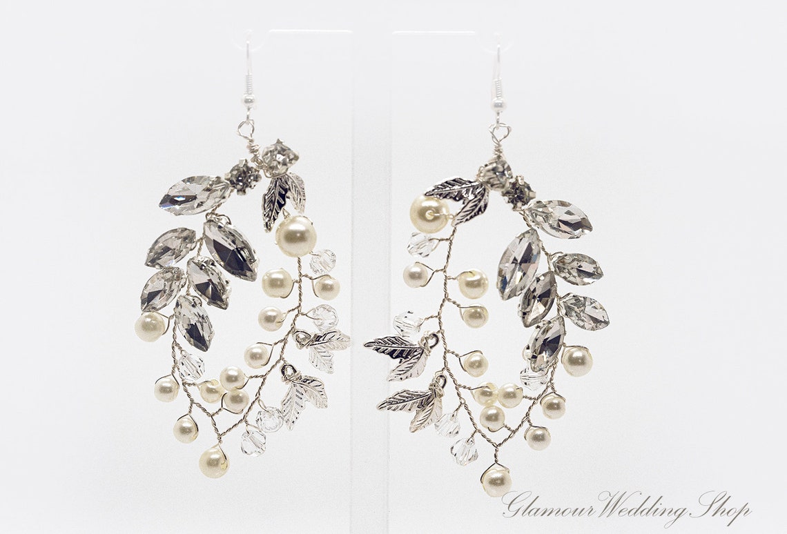 Wedding Vine Earrings Bridal Earrings with Crystals Pearls Etsy
