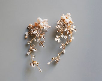 Wedding Vine Earrings Bridal Earrings Crystals Pearls Wedding Earrings Gold Earrings Boho Woodland Earrings