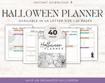 May include: A printable Halloween planner with over 40 pages. The cover features a black and white illustration of a spider web. The planner includes pages for party details, recipes, pumpkin carving, and a costume sheet.