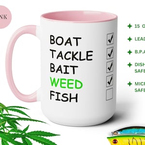 Two tone 15 oz Ceramic Fishing Checklist Mug for Coffee and Marijuana enthusiasts or Birthday Gift for Him or Her or Fathers Day Gift