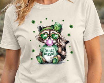 Funny Raccoon St. Patrick's Day Tee, Retro St Patricks DayShirt, Coquette St Patty's Day, Go Luck Yourself Irish Raccoon Shirt