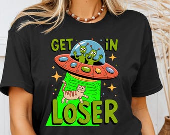 T-shirt Funny Cat UFO: memeshirt voor buitenaardse ontvoering