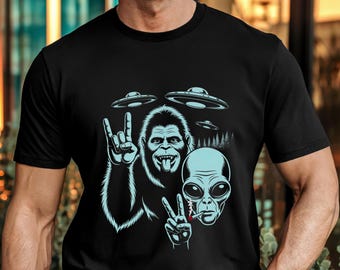 Bigfoot and Alien Tee, Sasquatch UFO T-Shirt, Cryptid ET Shirt, Extraterrestrial Sasquatch